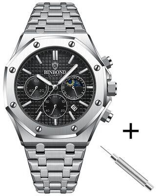 Youfap Market Luxury Waterproof Stainless Steel Watch, Luminous Wristwatch For Men silver Black