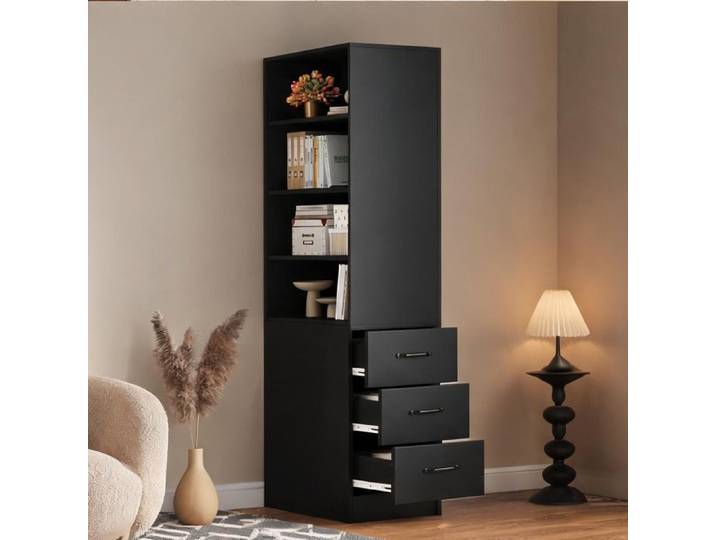 Étagère haute 180 cm pour salon panneaux de particules classic black 4 niches 3 tiroirs latéraux L 38 cm