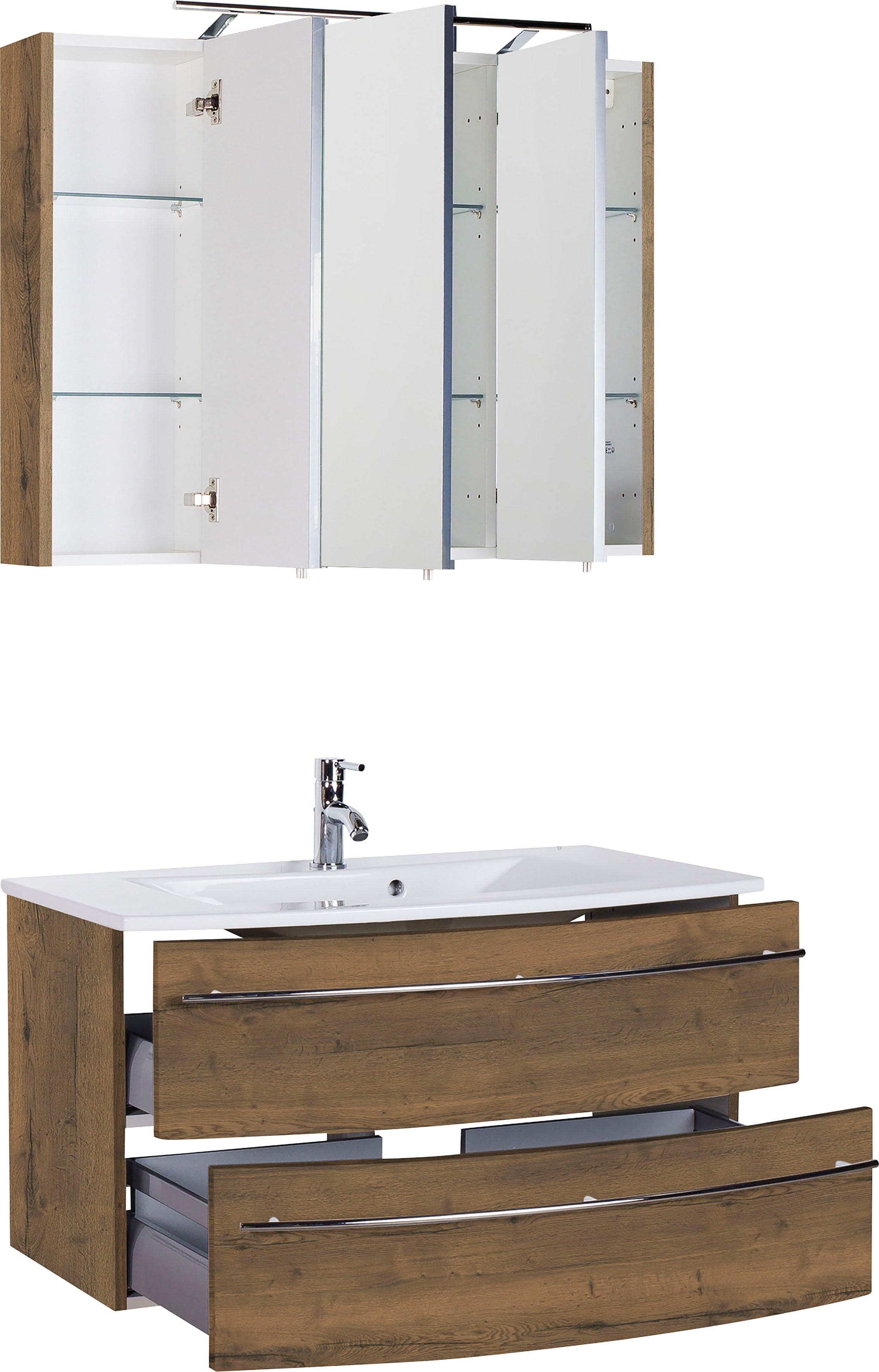 Badmöbel-Set SAPHIR "3040", braun (eiche struktur braun, eiche struktur braun), B:90cm, Kastenmöbel-Sets, Badmöbel-Set, Breite 90 cm eiche struktur braun, eiche struktur braun B/H/T: 90cmcm