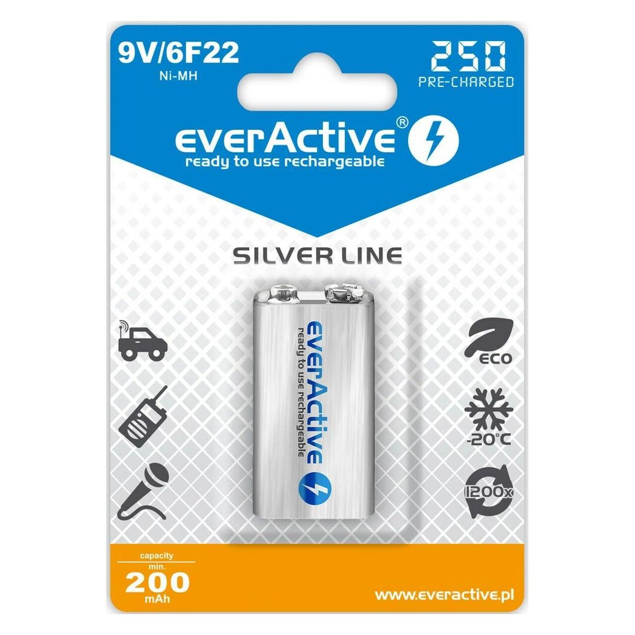 Everactive Rechargeable 6F22 9V 250 mAh (1 Stk., 9V Block, 250 mAh) (EVHRL22-250)