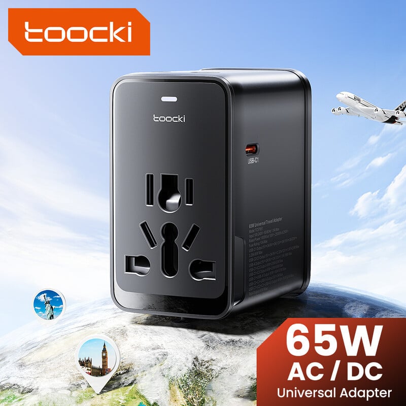 Toocki universele reisadapter 65 W PD-snellader met 1 USB-A en 3 USB-C poorten voor EU, VK, VS en AU