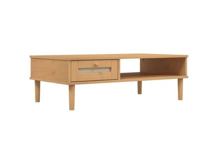 Todiikf Couchtisch Holz 100x55x33 cm Rattan Optik Wohnzimmertisch Braun Stilvoller Beistelltisch aus Kiefernholz mit Poly-Rattan Schublade und Fach für Ordnung im Wohnzimmer.
