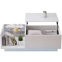 OKWISH LED-Couchtisch mit Staufach, Hochglanz-Hebefunktion, App-gesteuerte RGB-Beleuchtung, gehärtetes Glas, Wohnzimmermöbel, Weiß 100x50x46 cm