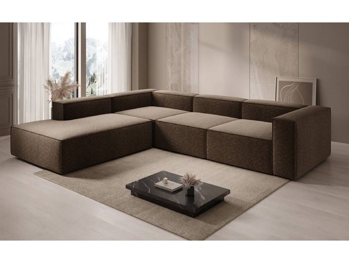 Designer Ecksofa Lesley mit langer Ottomane in Strukturstoff - Beige - Rechts - Strukturstoff - Luxusbetten24