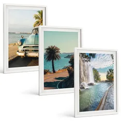 BILDER SET 3er Set - 40x60 cm Weißer Rahmen - Urlaub Palmen Wasserfall