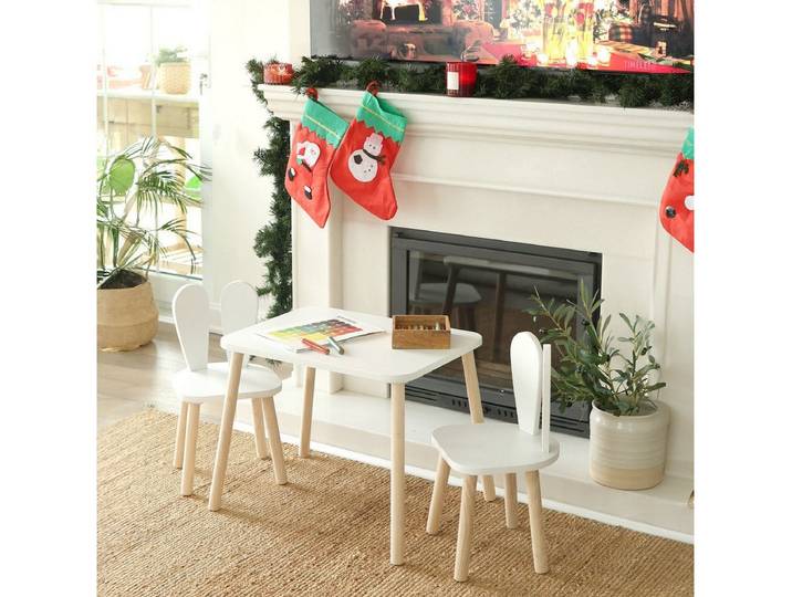 COZYCOLLECTIONS Kindersitzgruppe Kindertisch-Set mit Tiermotiv-Stühlen aus Naturholz, (Kindertisch-Set, 3-tlg., 3-teilig (1 Tisch + 2 Stühle), Montessori-Design: fördert Selbstständigkeit, Ordnung & Kreativität