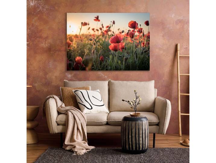 XXL-Wandbild QUEENCE Akustikbild Mohn Mohnfeld bei Sonnenaufgang , rot, B:90cm H:60cm T:2,5cm, Polyester, Bilder, XXL-Wandbild