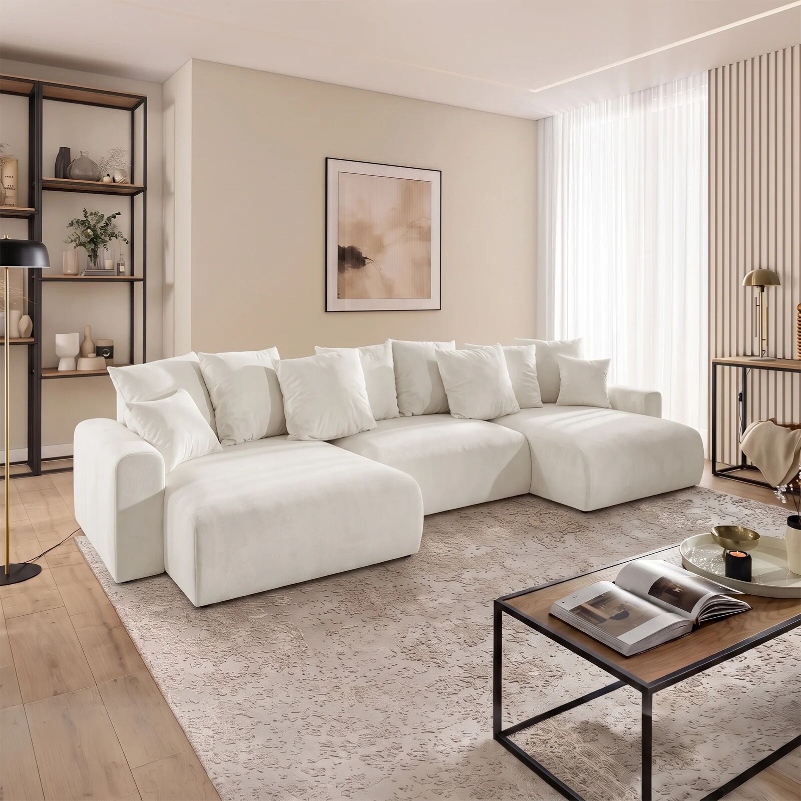 garneroarredamenti Divano letto panoramico 336x140cm contenitore tessuto vellutato bianco Night
