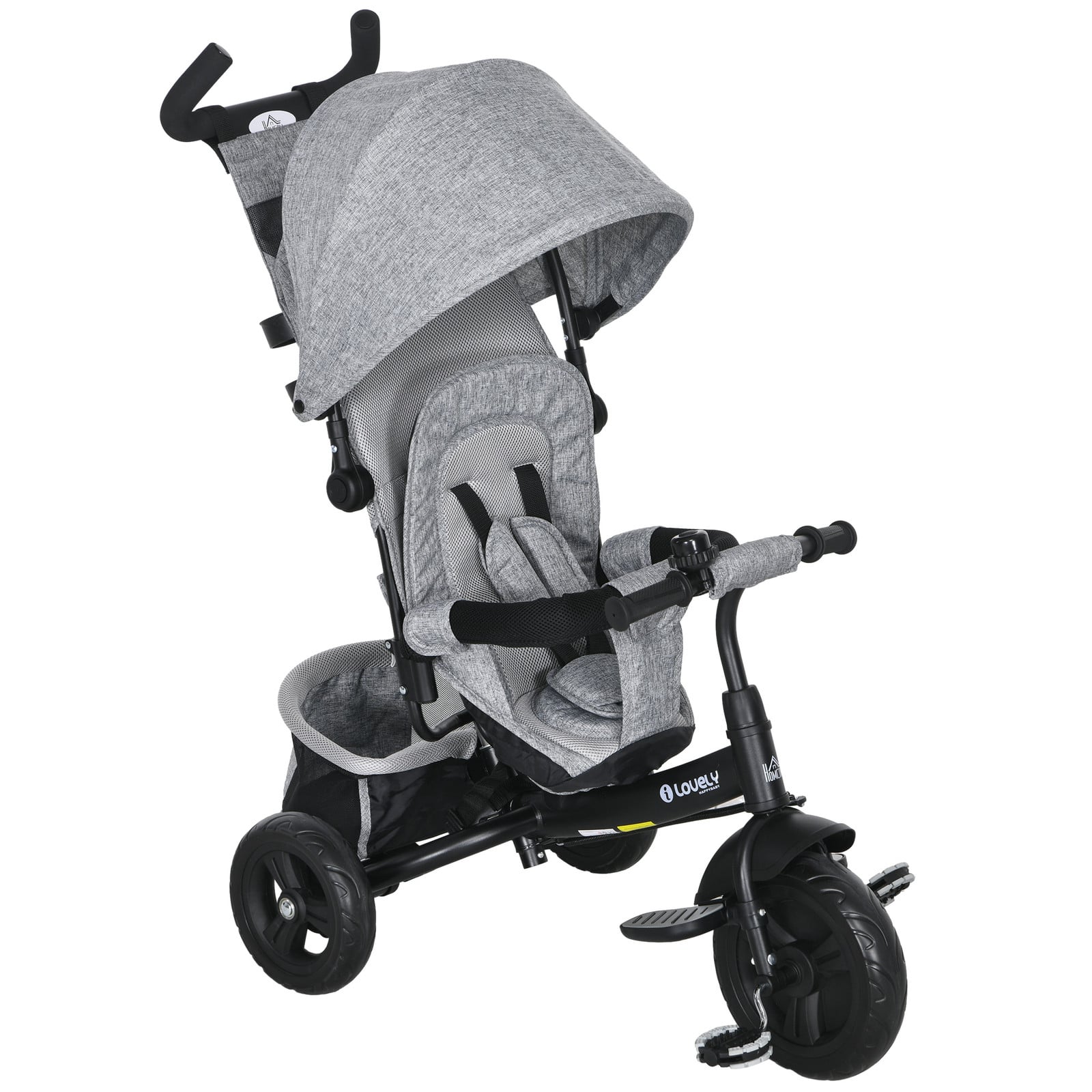 HOMCOM Kinderdriewieler 6-in-1 Grijs Peuterfiets met Zonnedak en Achtermand B/D/H: 49 x 102 x 102 cm