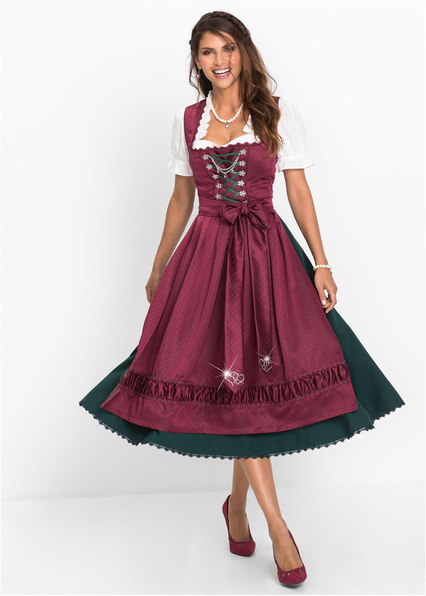 bonprix Dirndl mit bestickter Satin-Schürze (2-tlg.Set), rot, Gr.52, Elegantes Dirndl mit Ketten-Detail