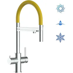 Kurzversion 47 cm - 5 Wege Wasserhahn Küchenarmatur, Edelstahl Massiv mit 360° schwenkbarem Auslauf, abnehmbare 2 strahl Handbrause, Gebürstet / Gelb