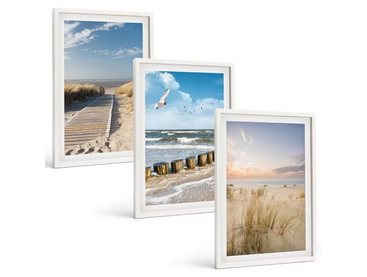 BILDER SET 3er Set - 40x60 cm Weißer Rahmen - Strand, Sand, Wellen, Himmel, Vögel