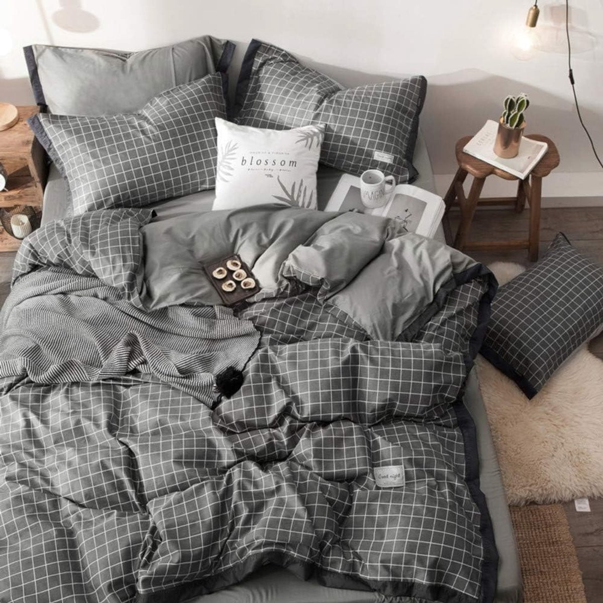 Grijs geruit dekbedovertrekset van 100% katoen, Queen Size