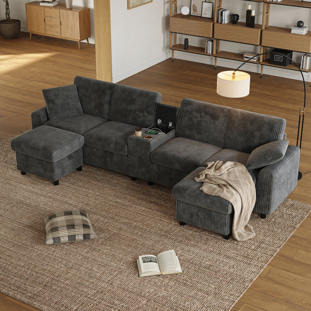Brayden Studio 6 Seater Corduroy Corner Sofa with Storage Sectional Gray 81cm H X 315cm W X 135cm D