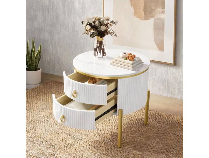 Table basse ronde design marbre avec tiroirs finition soft white et doré pieds réglables