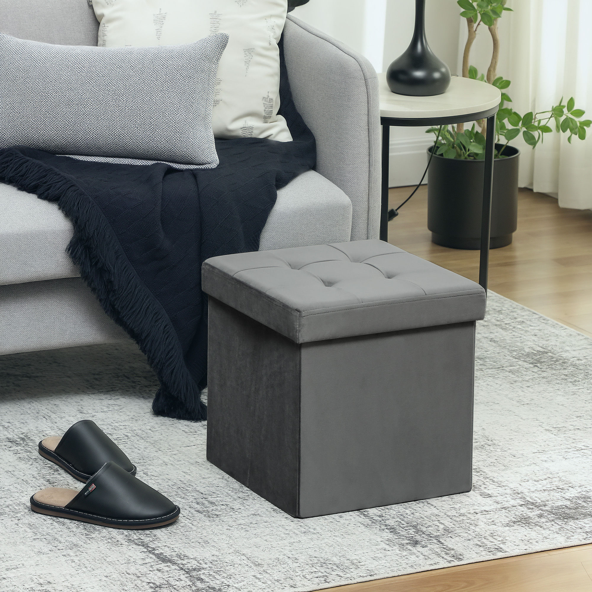 Homcom Pouf pieghevole con spazio di stivaggio, scatola contenitore, schiuma, MDF, Grigio   Aosom Italy