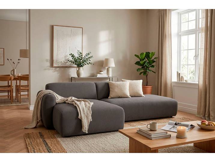 Ecksofa, Chenille, Grau 222×166 cm, Kaltschaum, Skandinavisch, andas