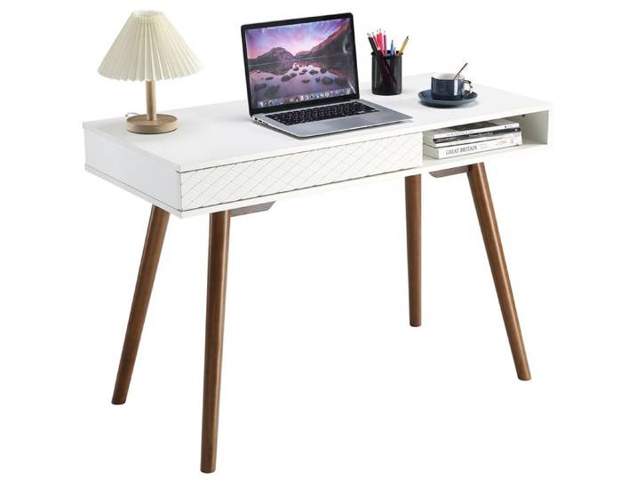 JoyGarden Bureau d'écriture compact 108 cm style mid-century moderne tiroir + niche ouverte chambre salon bureau - Blanc