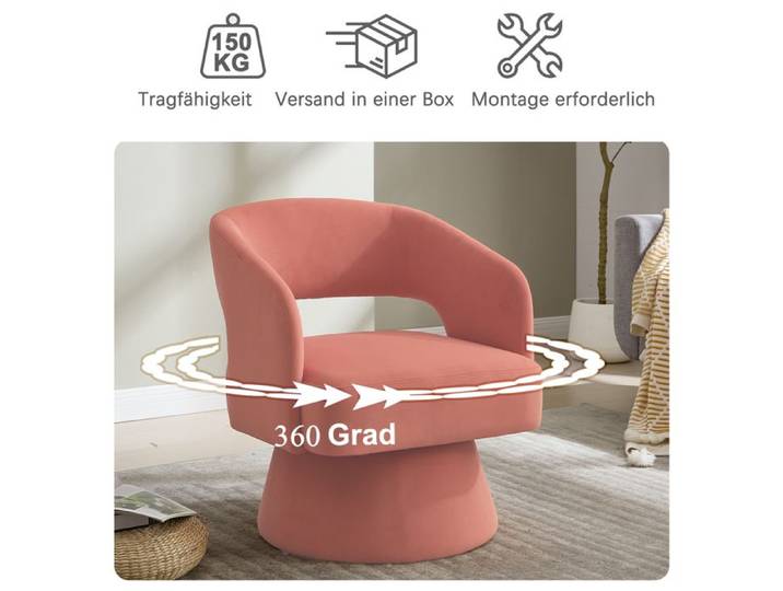 Chaise d'accent tournante à 360 degrés Chaise moderne et confortable velours Rembourrage souple Rose Dos ouvert