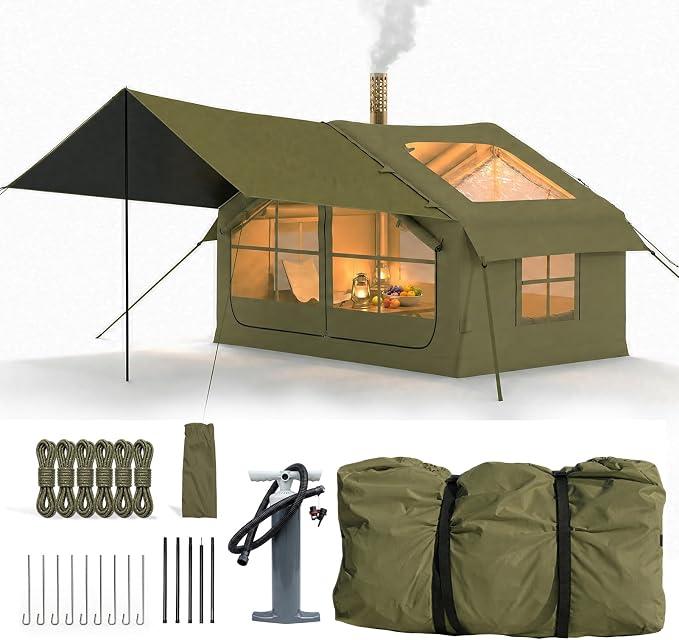 Aufblasbares Zelt für 2-4 Personen, Campingzelt mit Dachfenster & Kaminöffnung & Luftpumpe, Outdoor Zelt aus Wasserdichtem Oxford-Stoff, Schneller Aufbau