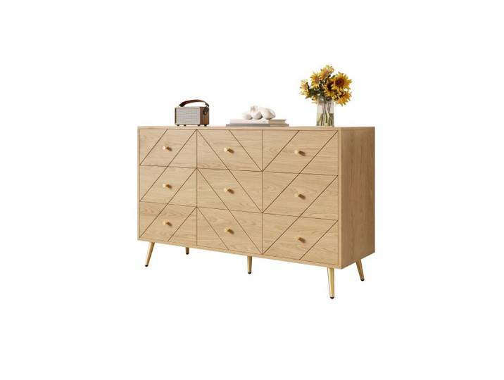 ®TONLRGY Buffet commode moderne à 9 tiroirs avec pieds en fer structure en PB massif avec un élégant motif géométrique