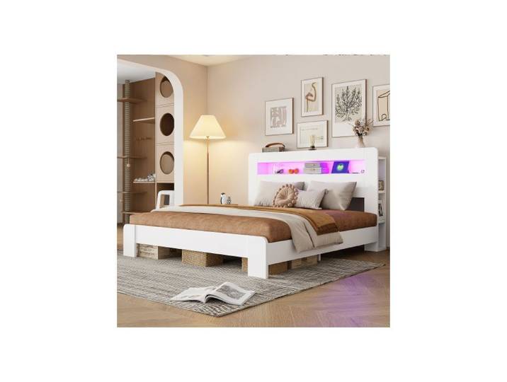 Lit double - WESTYLE - Lit Rembourré 180x200cm - Tête de lit avec rangement - LED intégrée - Prises intégrées
