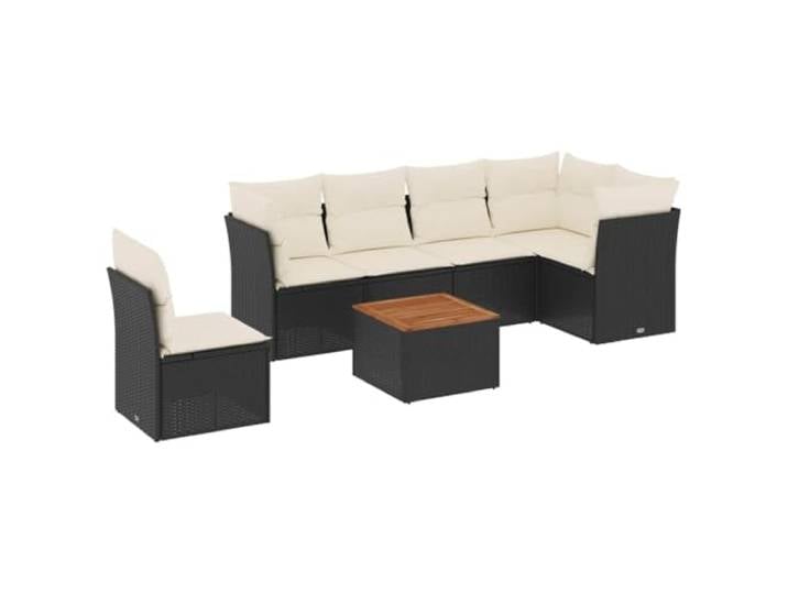 PUGYNBK 7er Set Rattan PE schwarz Wasserfeste Aufbewahrungstasche Holztisch Akazie Abwaschbar Bezüge Modulares Design