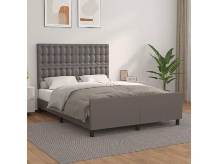 Bettgestell mit Kopfteil Grau 140x190 cm Kunstleder Polyvinylchlorid Kunstleder-Bezug, höhenverstellbares Kopfteil, für Schlafzimmer, Matratze 140 x 190 cm