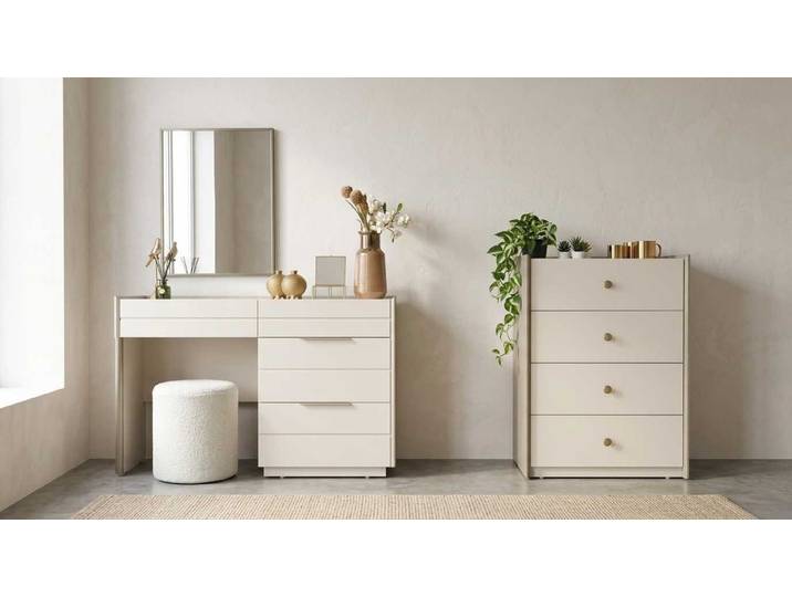 Xlmoebel Schminktisch Schminktisch Set Beige Modern Luxus Kommode Spiegel Hocker