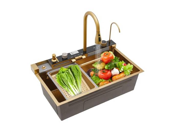 Küchenspüle Gold aus Edelstahl, 75x46 cm mit Auszieharmatur LCD-Display Temperaturregler, Tassenreiniger sowie Wasserfall-, Regen- und Sprühmodi kann in Balkonen, Wohnungen, Küchen, Hotels