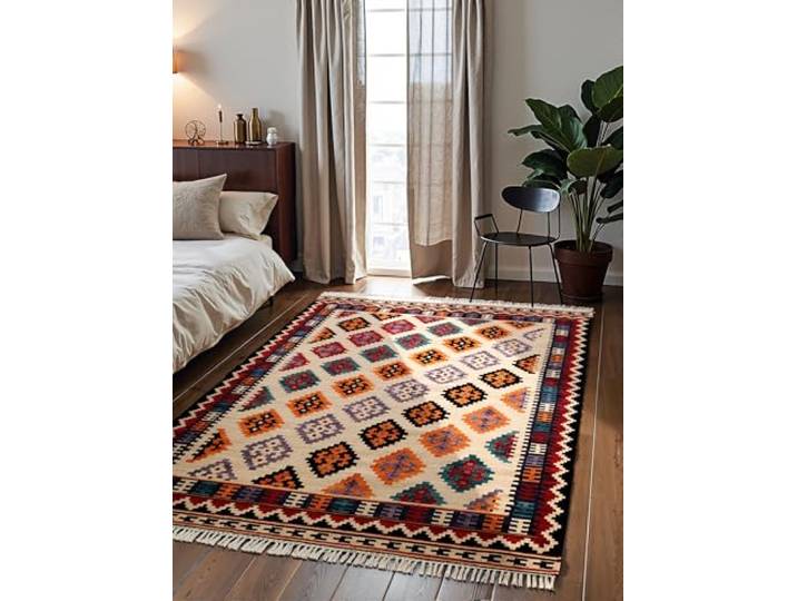 Hanse Home Afghan Kelim Tapis Kian - Tapis traditionnel coloré tissé à la main en laine et coton - Style afghan oriental avec franges - Pour salon\, chambre à coucher - Crème multicolore - 120 x 170 cm