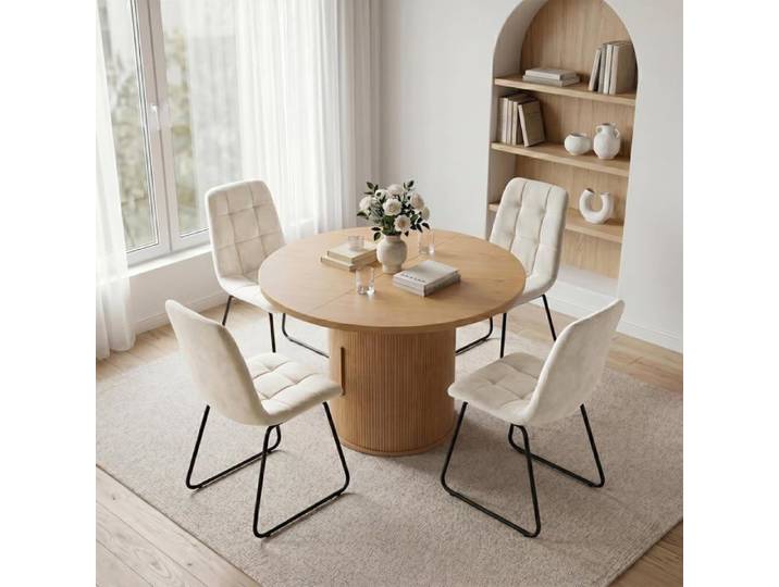 JIEXI Ensemble table de salle à manger ronde et 4 chaises table de rangement chaises de salle à manger en tissu flanelle beige