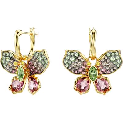 Paar Creolen SWAROVSKI "Schmuck Geschenk Idyllia Drop-Ohrhänger Schmetterling", gold (gelbgoldfarben, grün, rosa, gelb, braun, grün, rosa, gelb, braun), Ohrringe, Damen, Metall, mit Swarovski Kristall - Einhänger abnehmbar