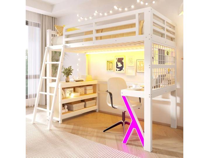 Lit mezzanine 90x200 cm éclairage LED en MDF et métal Blanc