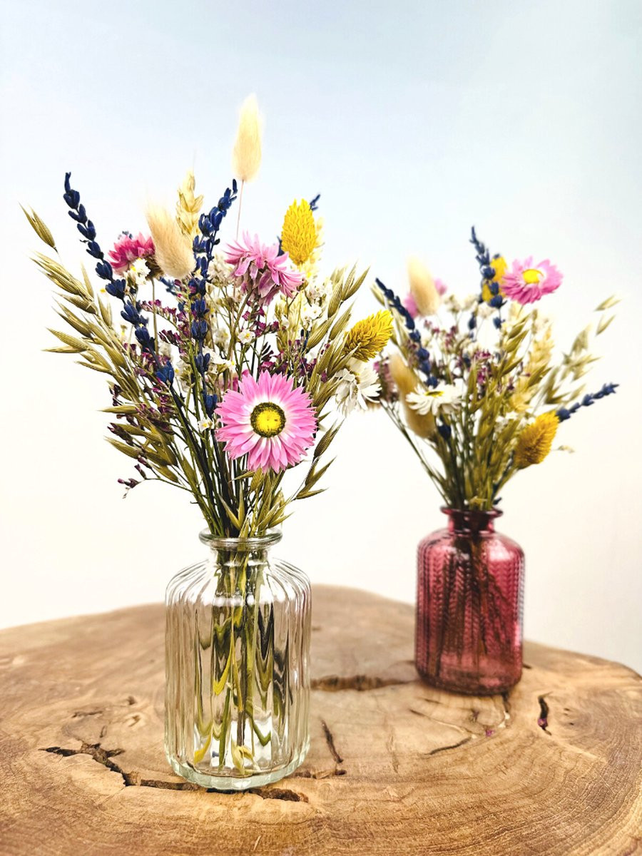 Setje Caro vaasjes met droogbloemen Donkerroze & Transparant van Droogbloemetjes.nl