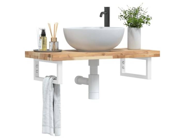 KTHLBRH Waschbeckenregal Wandmontage Stahl Akazienholz Schweberegal Stahlhalterung, Massivholzplatte, flexible Positionierung, Handtuchaufhängung, moderne Optik