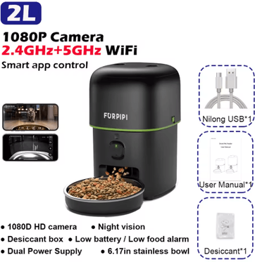 Inspire Picks 1080P HD Smart WiFi Automatic Pet Feeder With Camera For Cats & Dogs black No Plug 1080p Hd 5gwifi 4l 1.06gal