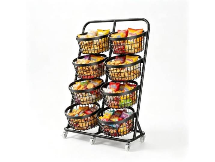 Dexinhdh Snack-Organizer-Ständer, Obstkorb, Gemüseständer mit Rollen Metall-Verkaufsregale für Laden, Supermarkt, Küche, Wohnzimmer, Schlafzimmer(Black,D)