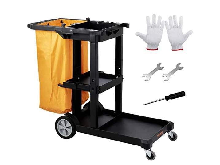 VEVOR Chariot de Ménage Professionnel 3 Niveaux Chariot de Nettoyage Lavage en PP avec Sac à Déchets en PVC Chariot d'entretien Charge 90\,7 kg Déplacement Fluide Range Outils d’Entretien Bureau Hôtel