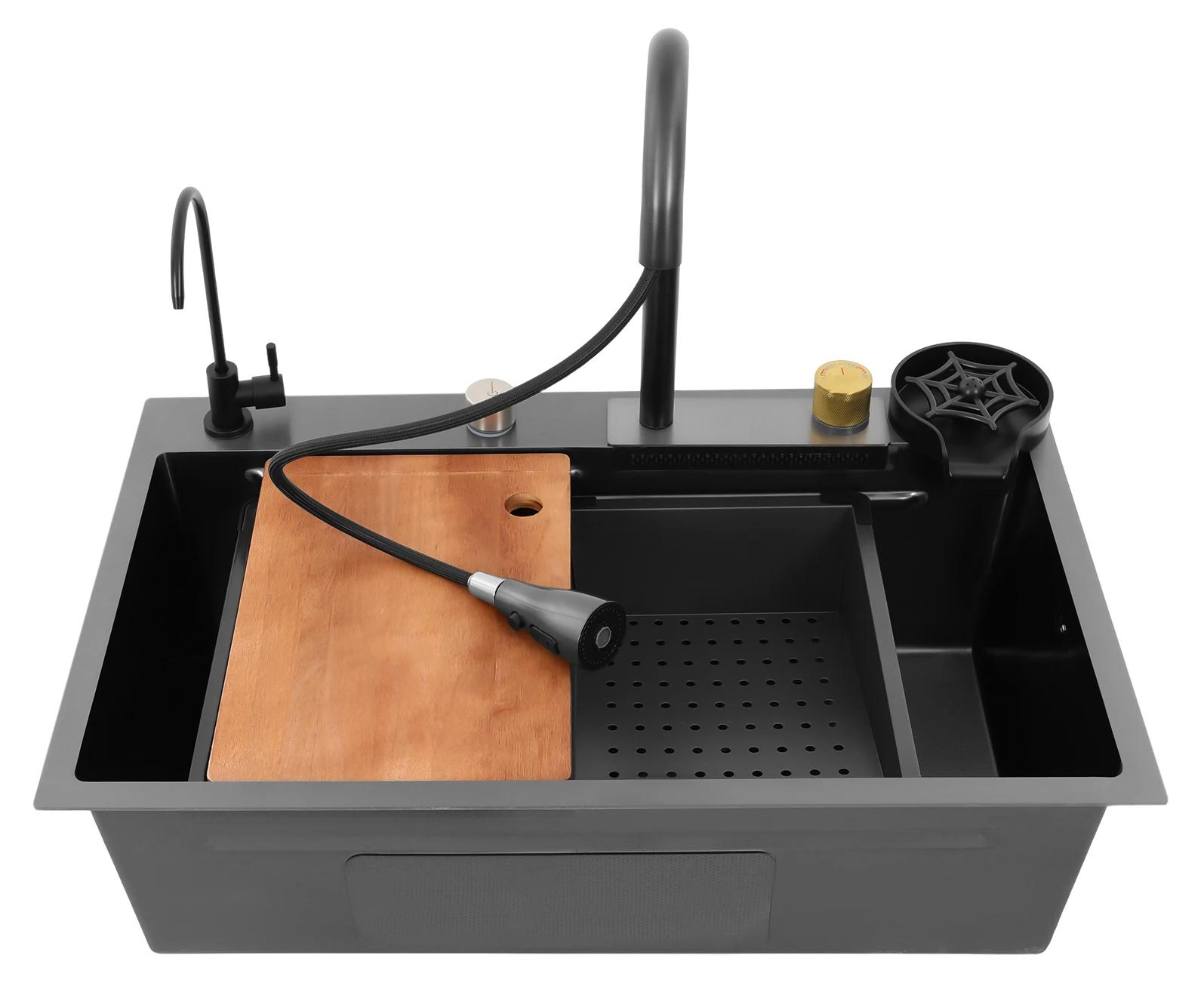 Edelstahl-Küchenspüle - Einbeckenspüle mit Wasserfallarmatur - 75 cm - Ausziehbare Armatur - 3 Löcher - Aufsatzmontage - Abtropfkorb