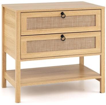 Costway Boho Rattan Nightstand with 2 Drawers and Bottom Open Shelf-Natural