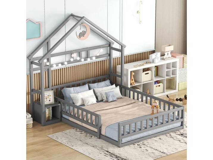Lits Enfants Plat Cabane-Barrières Sécurité-Tables Chevet Intégrées-Gris 140x200cm-sans Matelas