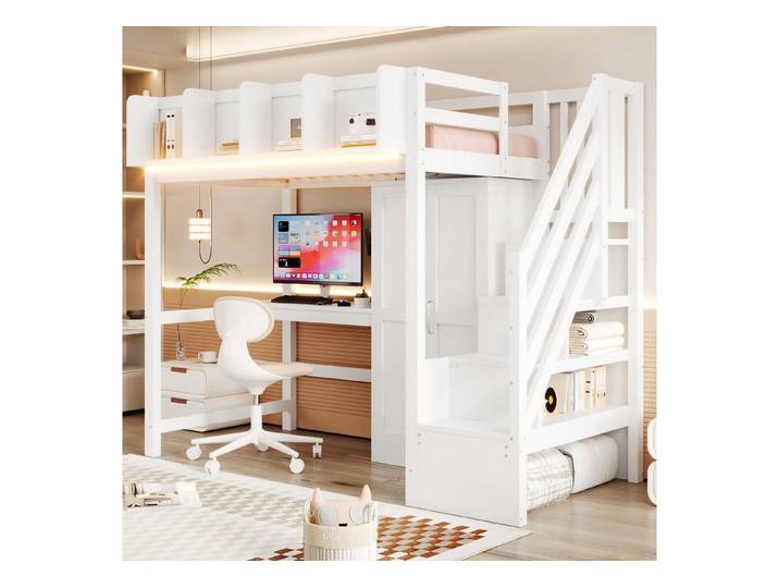 Celya Hochbett Ausgestattet Mit LED-Beleuchtung und Steckdosen und Ablagefläche Ideal für für Kinder- und Jugendzimmer