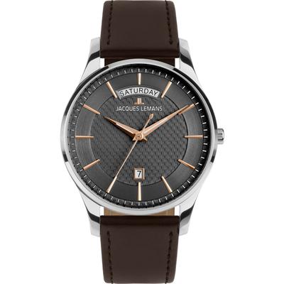 Quarzuhr JACQUES LEMANS "London", grau (dunkelbraun, anthrazit, anthrazit), Armbanduhren, Herren, silberfarben, Quarzuhr, Armbanduhr, Herrenuhr, Lederarmband, analog, Wochentag, Tag