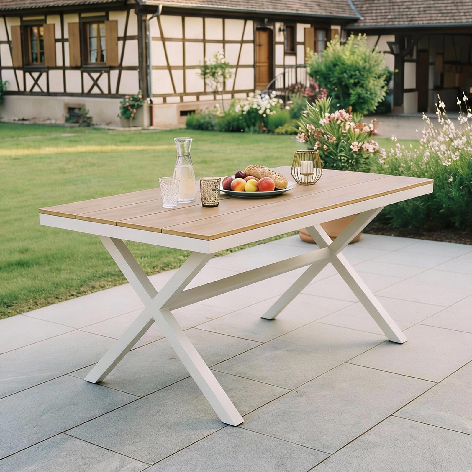 Gartentisch ISOLA, WPC Holzoptik, Weiß - wetterfest und strapazierfähig, ideal für Garten, Terrasse und Balkon. Aluminiumgestell, einfache Montage. Outdoor Möbel, Balkontisch, Terrassenmöbel.