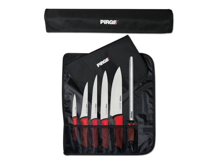 Pirge Duo Profi Messerset mit Tasche 7 Stück - Rutschfester Griff - Profi Kochmesser Set - Edelstahl Profi Küchenmesser Set - Messer Set Scharf für Köche