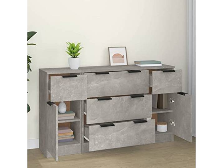 KTHLBRH Sideboard-Set, 3-teilig, Grau, Zement, Holz, mehrschichtig Minimalistisches Design, glatte Oberfläche, leicht zu reinigen, großer Stauraum, Montageset im Lieferumfang enthalten