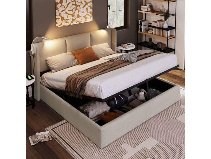 Lit coffre capitonné - LEMONBEST - 160x200 cm - tête de lit avec liseuse et USB - coffre hydraulique - PU Beige