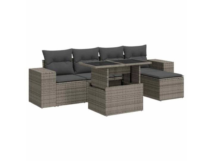 PUGYNBK Modulares Garten-Sofa-Set, 6-teilig, synthetisches Rattan, Grau Ausziehbarer Esstisch, wasserdichte Tasche, waschbare Kissen, modulares Design
