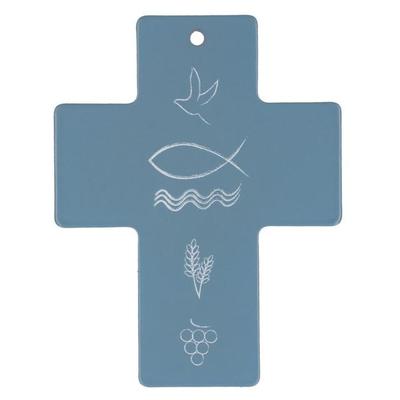 Symbolkreuz aus Metall - Taube, Fisch, Wellen, Ähre und Trauben